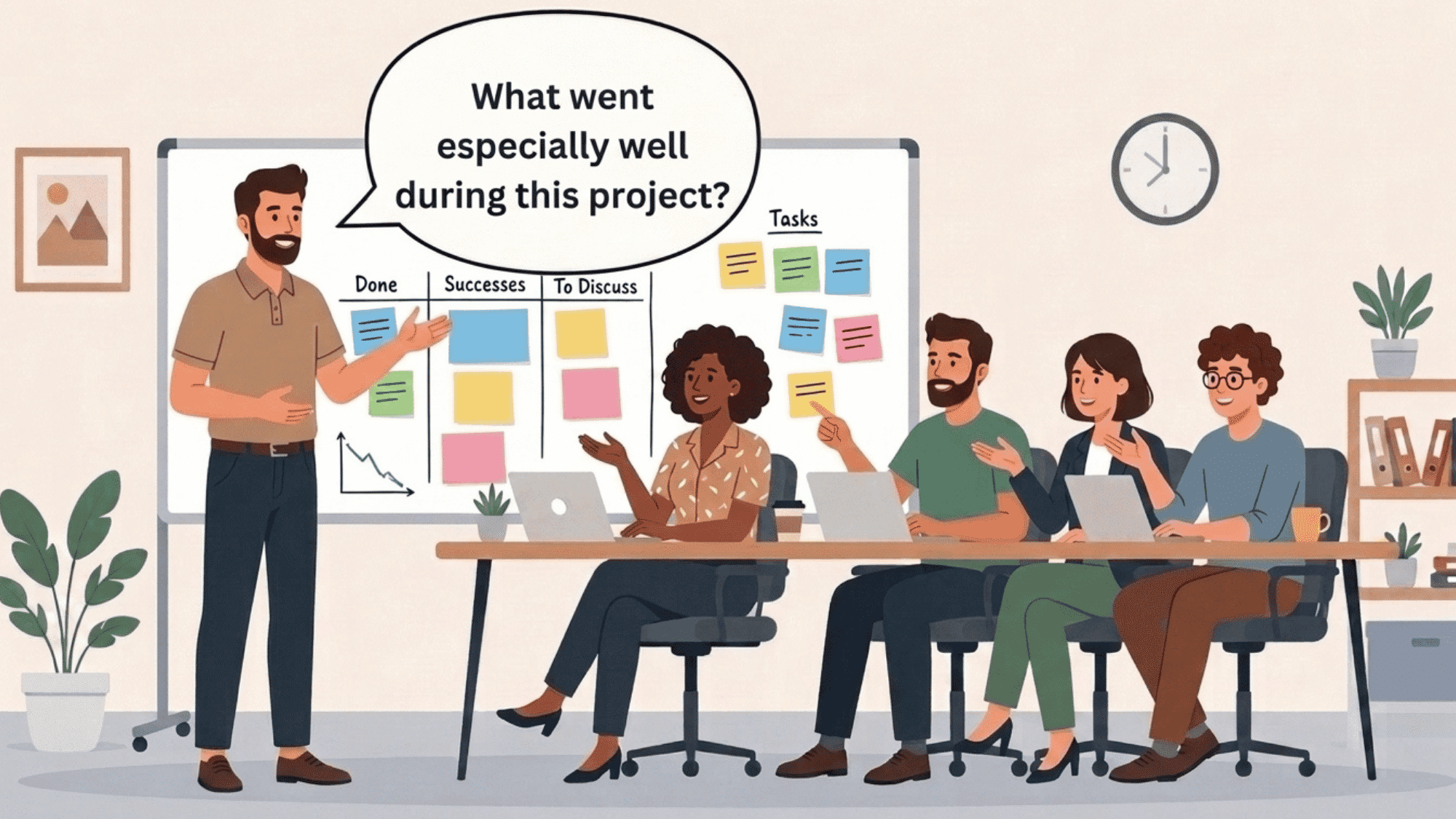 project lead asks what went especially well during this project in a team retrospective meeting after project completion