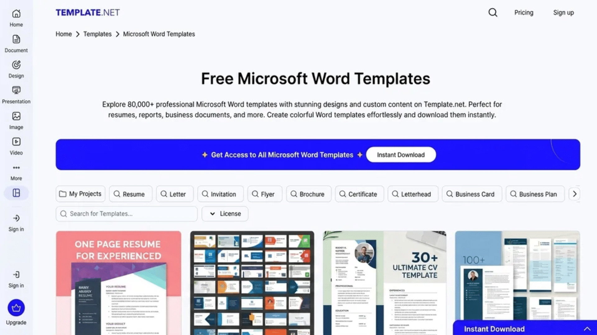 Template.net page showing free Microsoft Word templates with a grid of downloadable document designs and category navigation options.