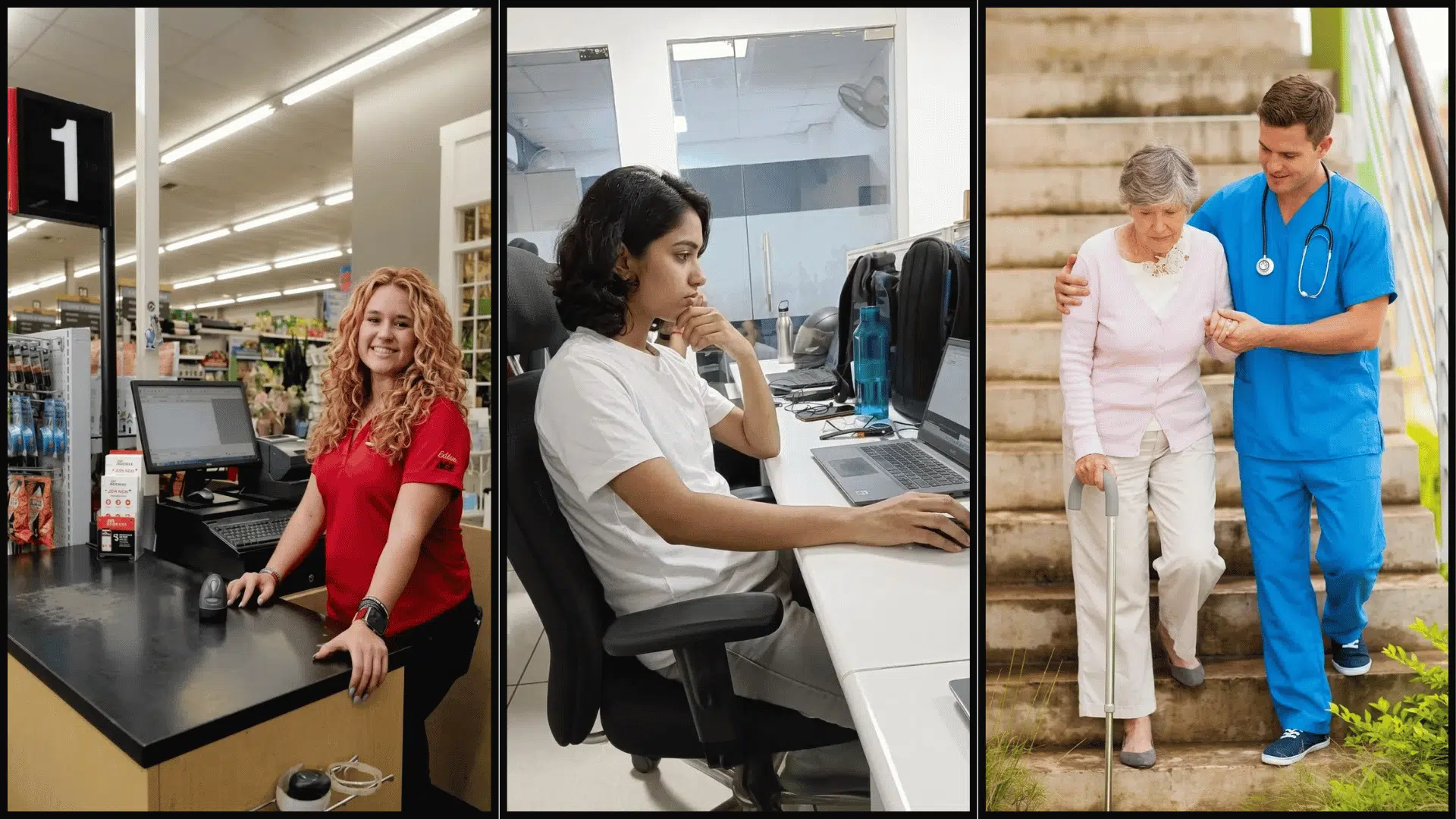 Three-panel collage showing retail cashier, office worker, and caregiver representing different part-time job roles.