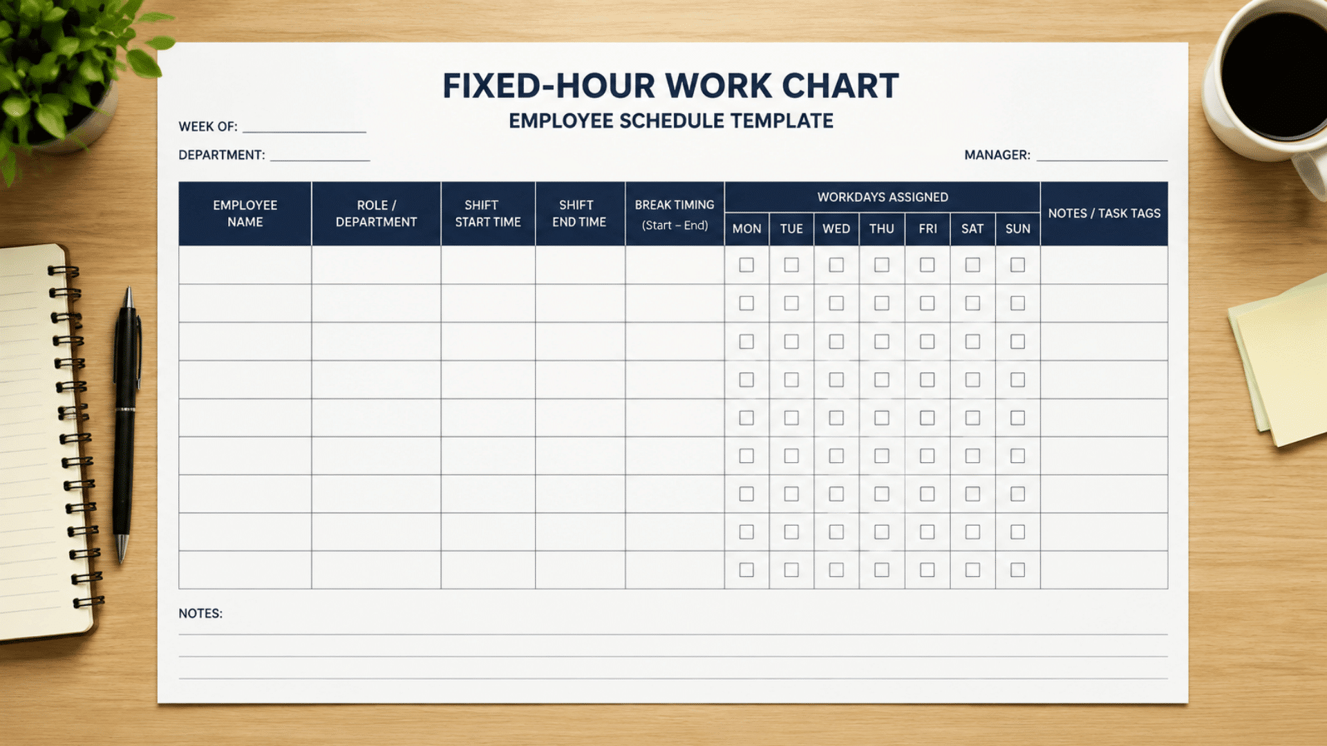 Top-down fixed-hour work chart employee schedule template on a desk showing grid columns for shifts, breaks, workdays, and notes.