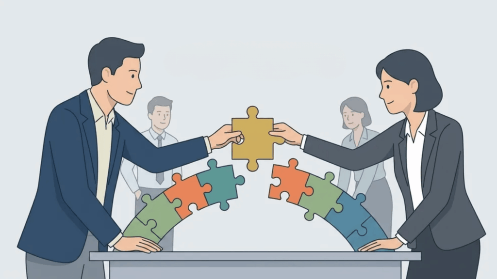 Two office workers exchanging puzzle pieces across a table, representing cooperation and mutual respect.