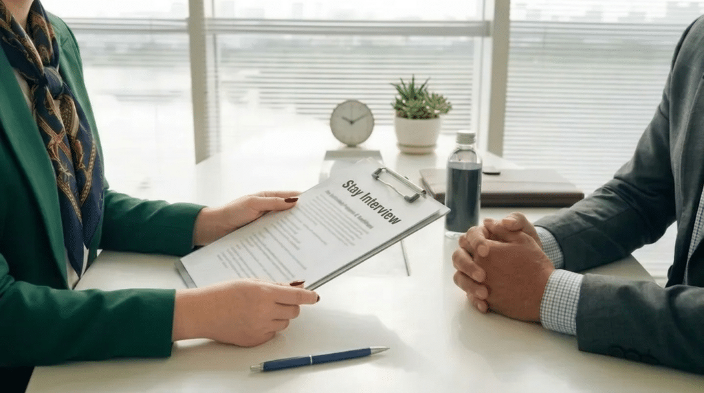 Two people during stay interview one holding clipboard labeled Stay Interview while the other sits with clasped hands on desk