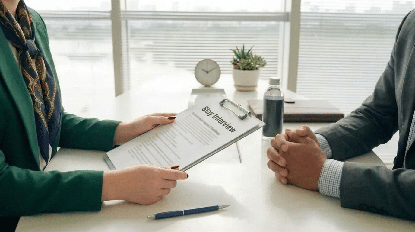Two people during stay interview one holding clipboard labeled Stay Interview while the other sits with clasped hands on desk