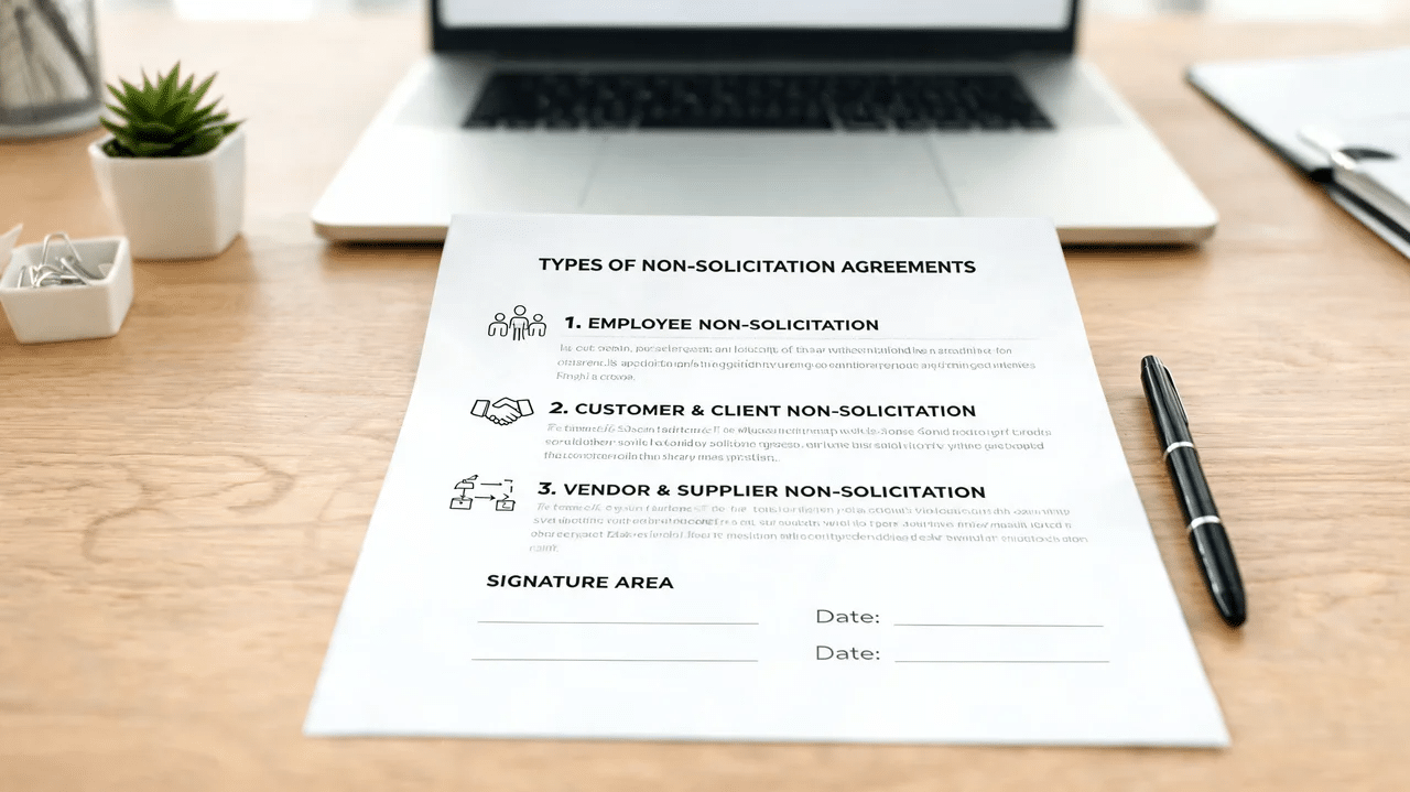 Types of Non-Solicitation Agreements document with employee, customer, and vendor sections on a desk