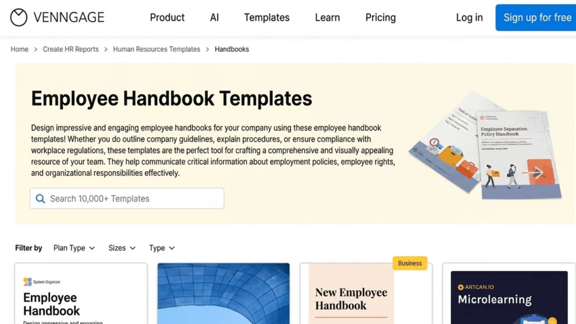 Venngage employee handbook templates webpage showing template gallery, search bar, and editable handbook design previews.