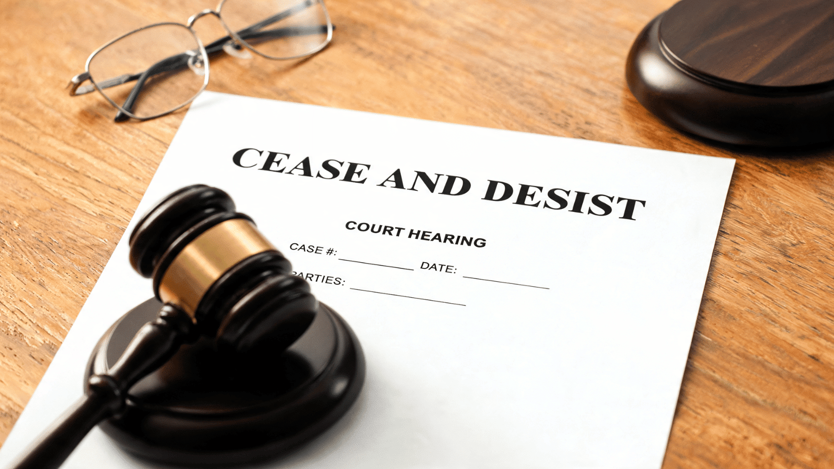 A wooden judge's gavel resting on a printed Cease and Desist court order document on a wooden table.