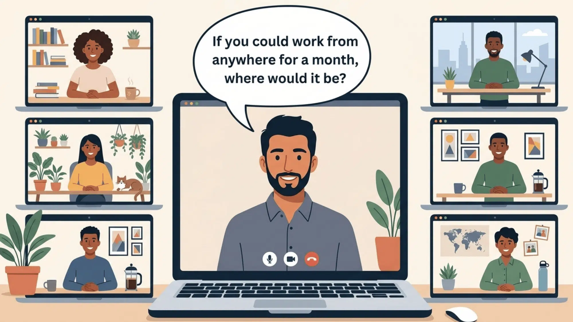 remote team leader asks coworkers where they would work for a month during a virtual team meeting
