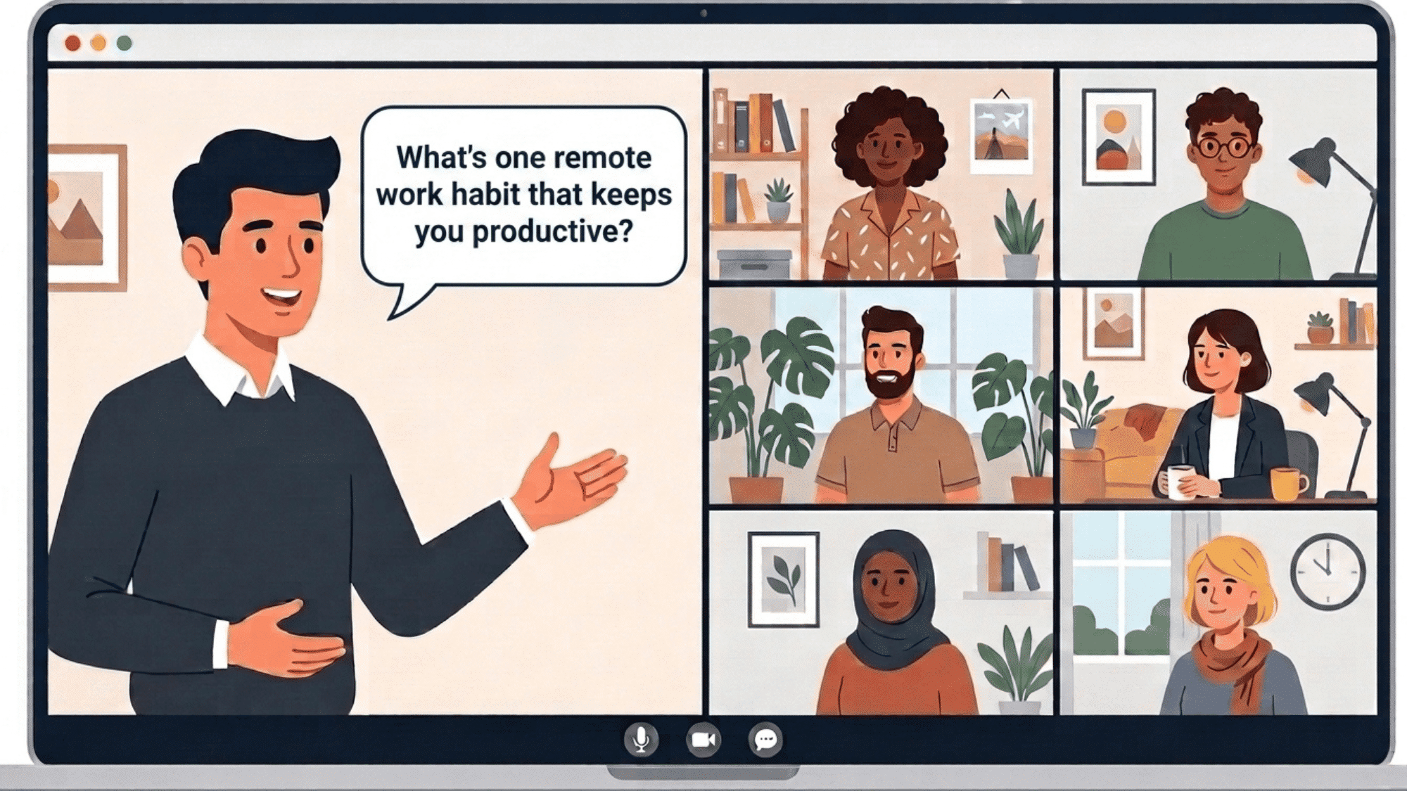 meeting host leads a virtual team session while coworkers join online ready to answer an ice breaker question