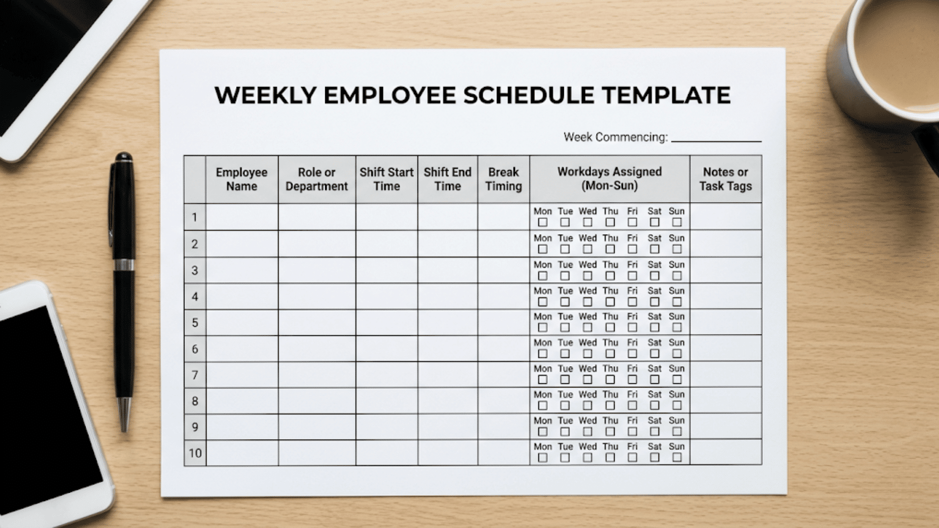 Weekly employee schedule template on a desk showing a grid with employee names, shift times, workdays, and notes columns.