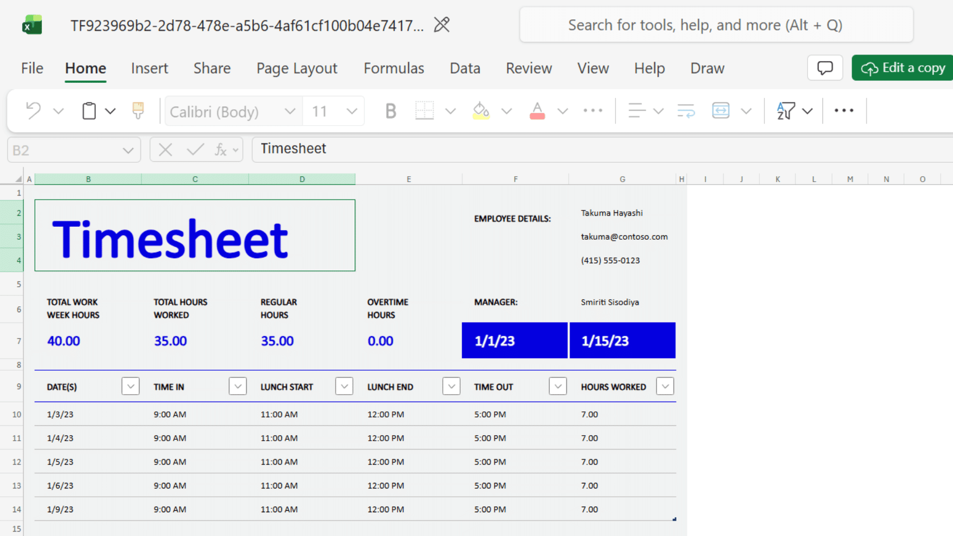 Weekly timesheet template Excel showing employee hours, lunch breaks, totals, and pay period dates.