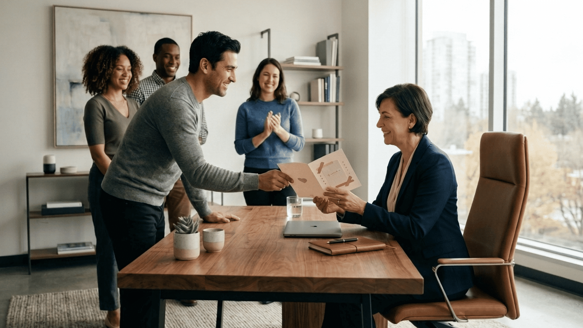 managers celebrating a work anniversary with greeting card during an office recognition event