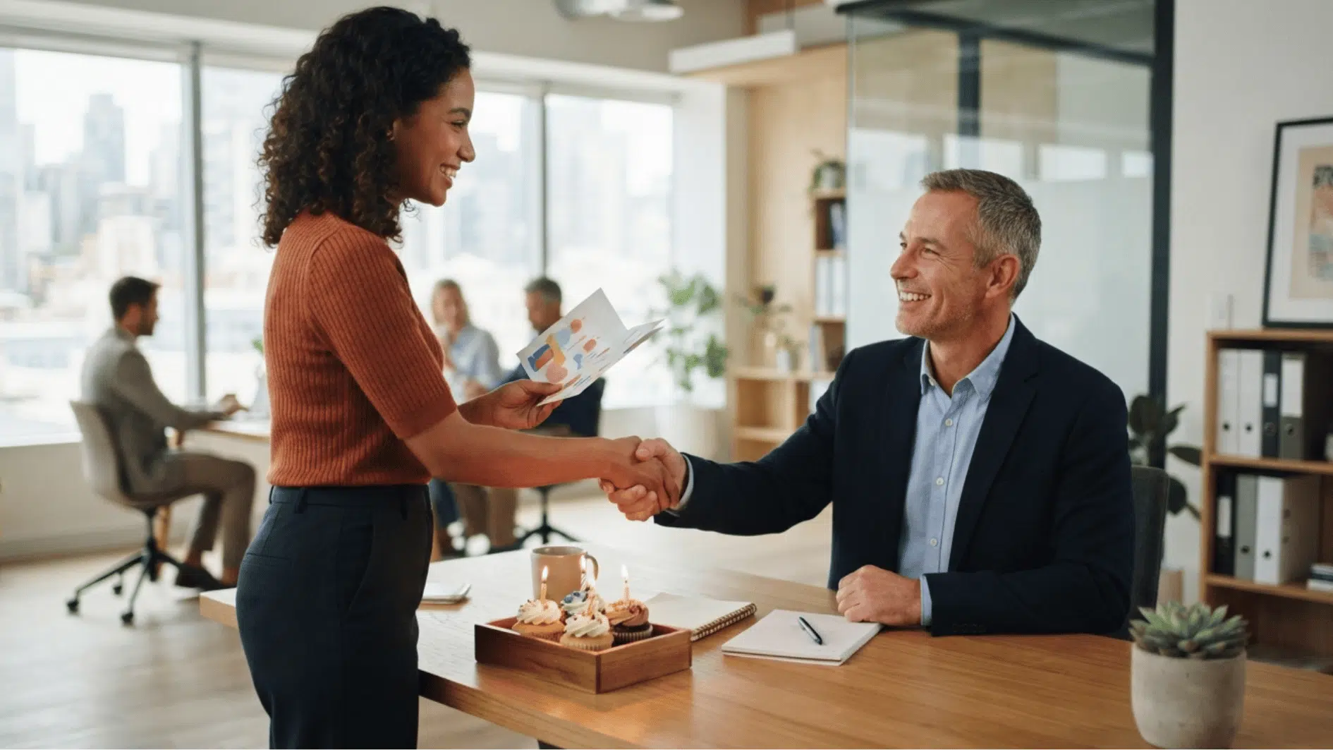 employee shaking hands and wishing seniour co worker