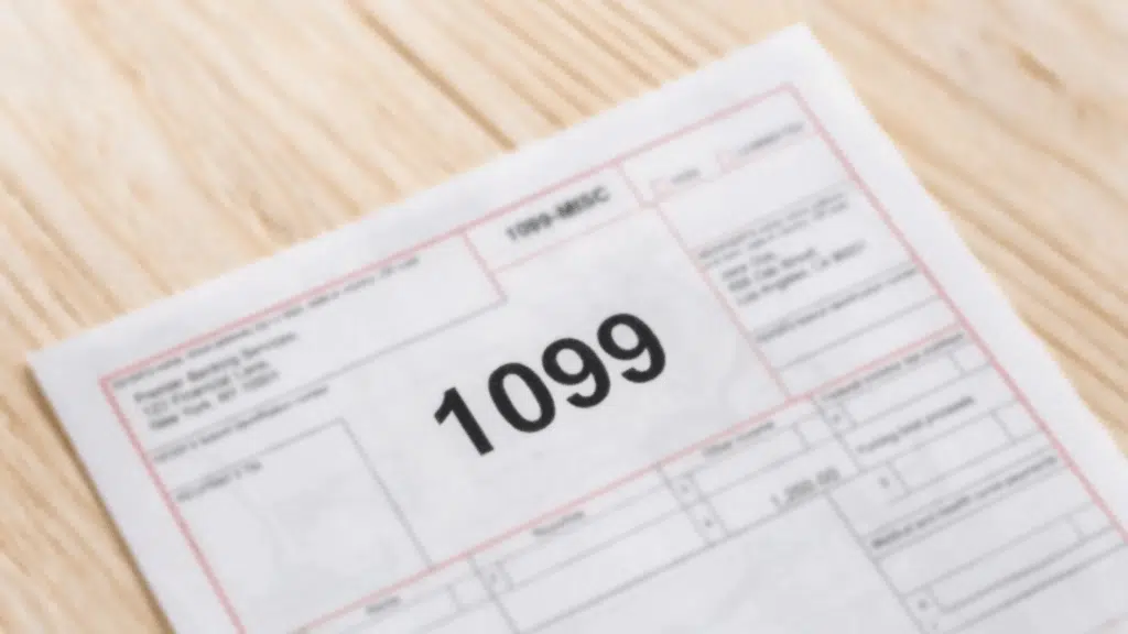 close up of a 1099 tax form on a wooden desk