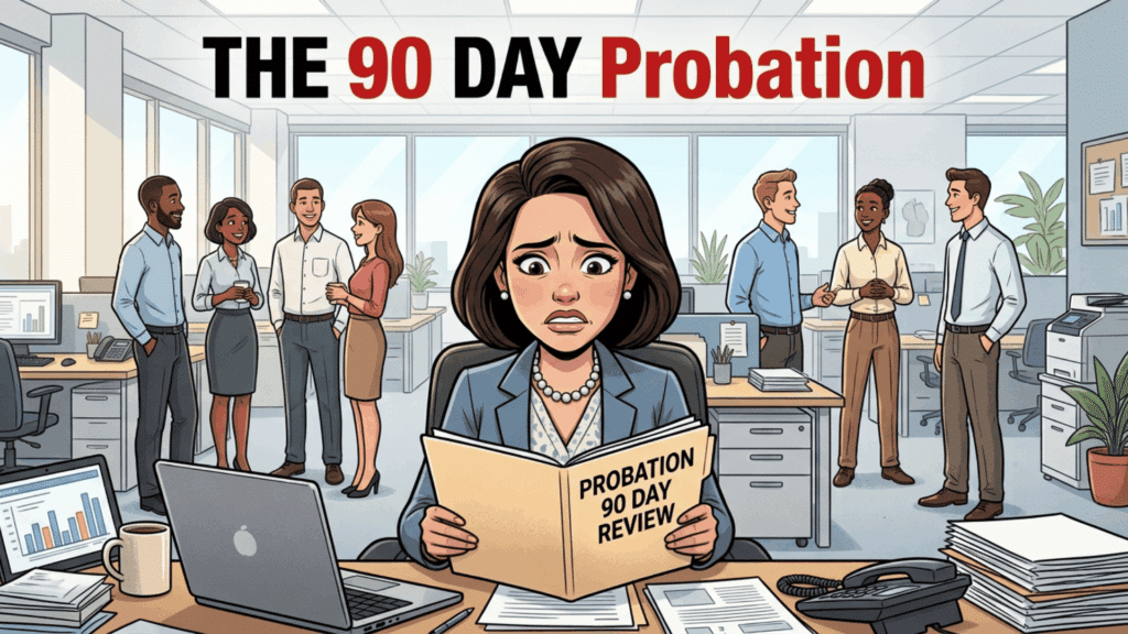 Illustration of an employee reviewing a 90-day probation document at her desk while colleagues work and talk in the office.