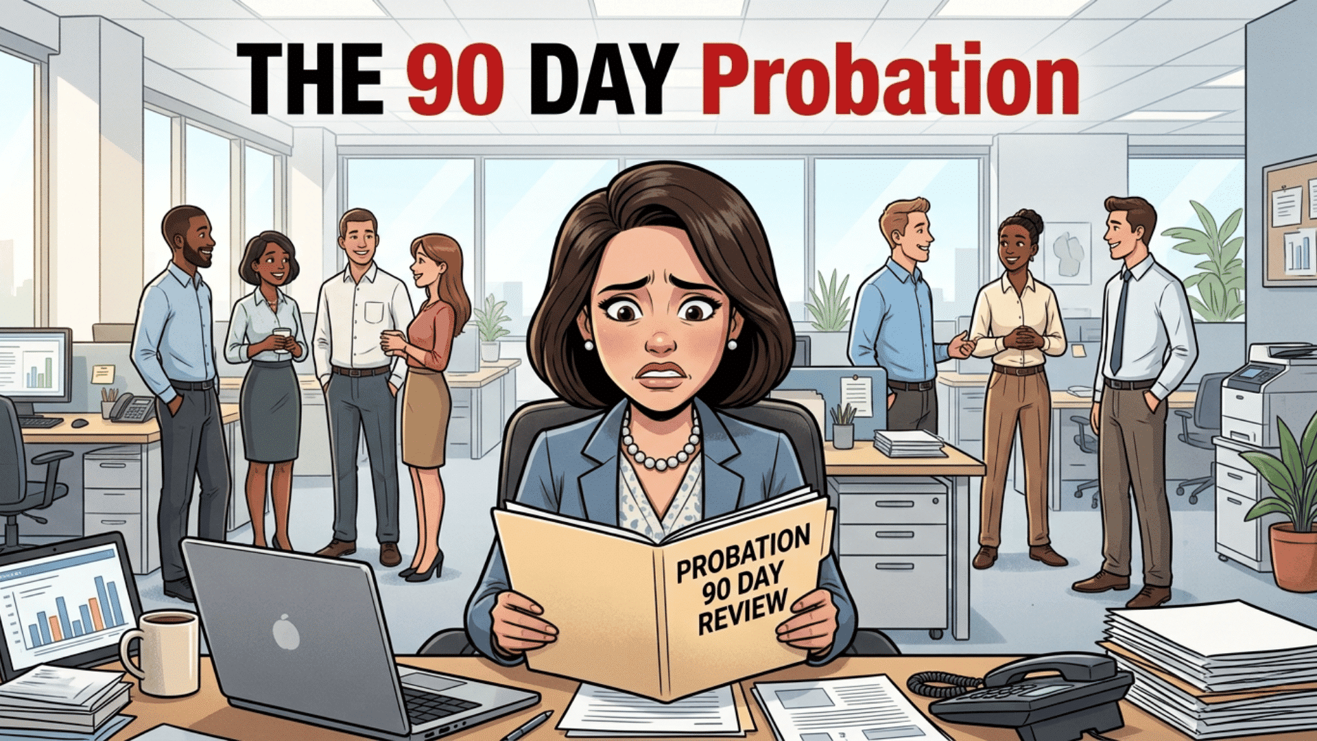 Illustration of an employee reviewing a 90-day probation document at her desk while colleagues work and talk in the office.