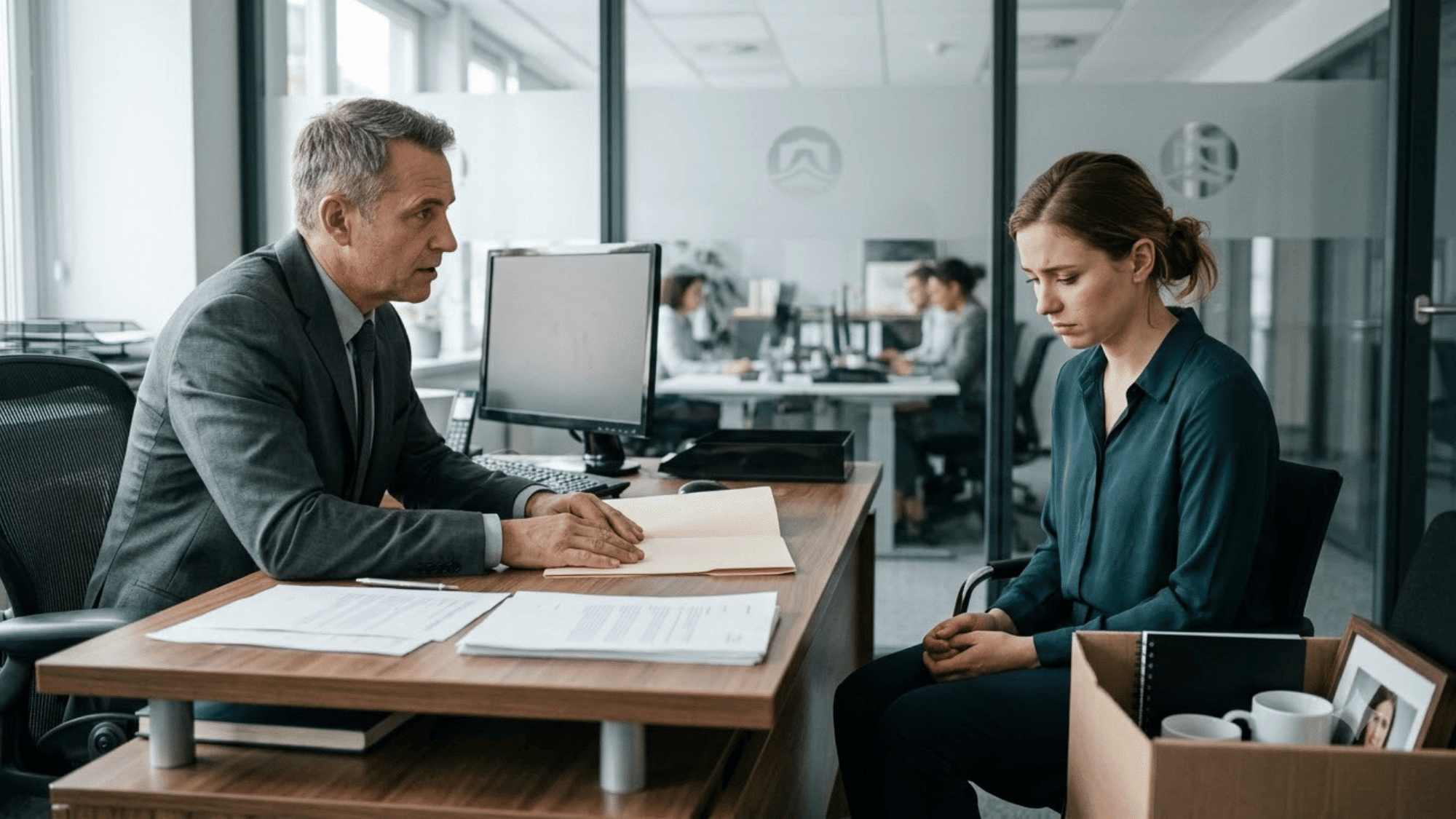 manager speaking with employee during a difficult termination meeting in a modern office setting