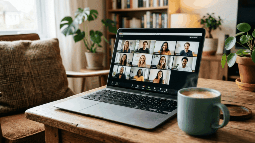 Laptop showing a virtual team meeting on video call with coffee mug on a home office table.