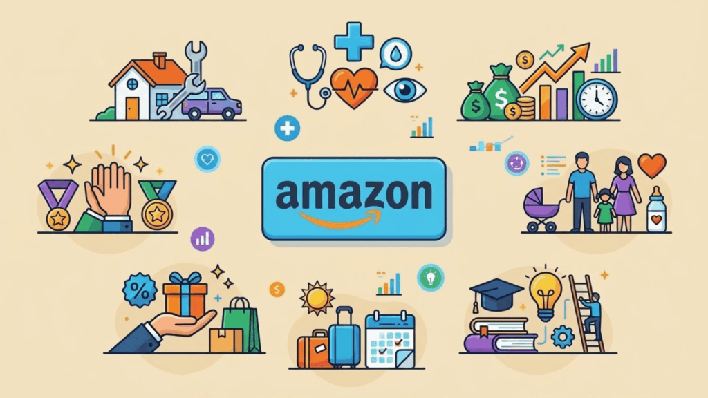 illustrated amazon employee benefits overview showing healthcare, savings, family support, discounts, and education perks