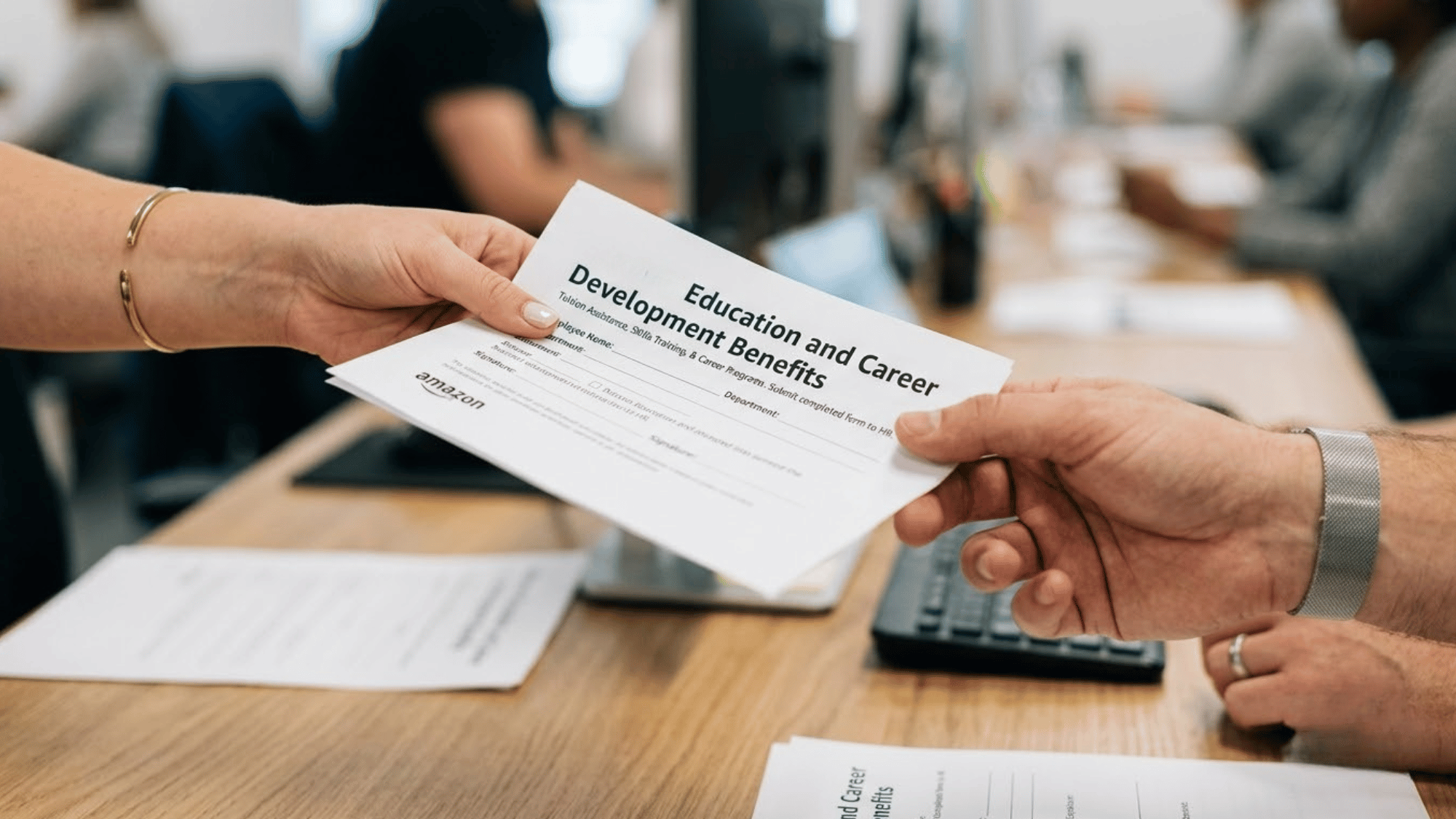 amazon employees reviewing tuition assistance and career choice benefits at a fulfillment center