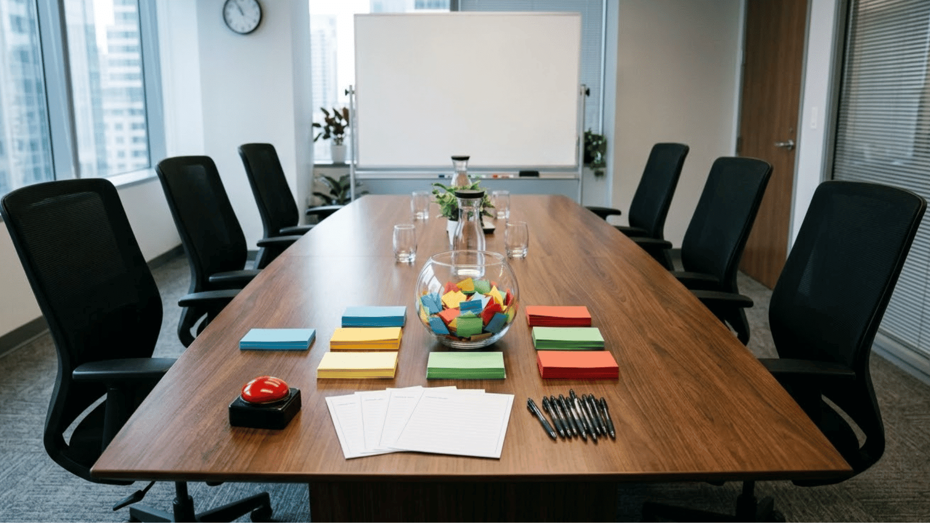 an office conference table prepared for employee-submitted trivia