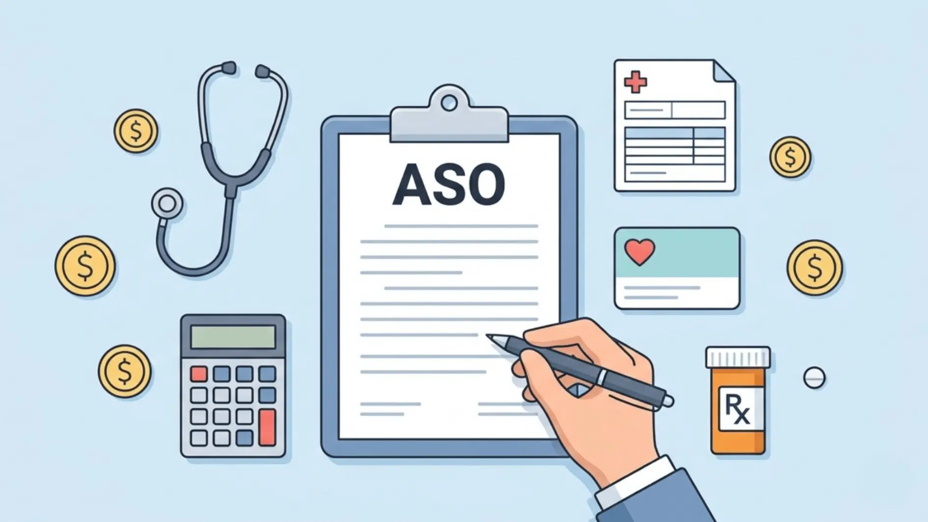 aso health insurance illustration with medical claims, stethoscope, calculator, prescription bottle and cost symbols