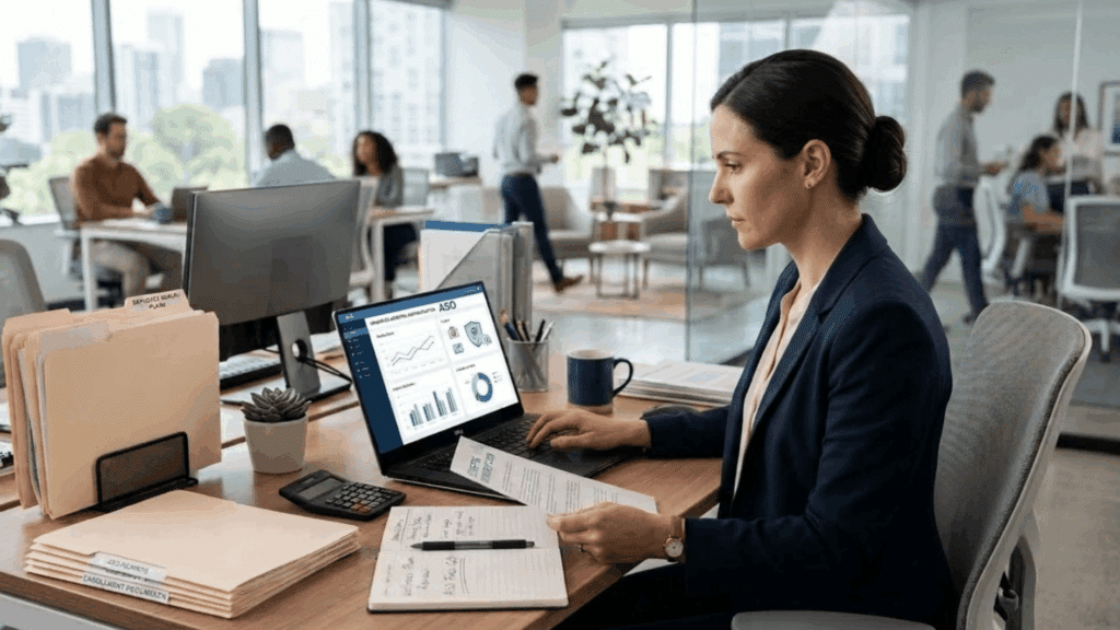 hr professional reviewing aso employee health plan administration on a laptop in a modern office