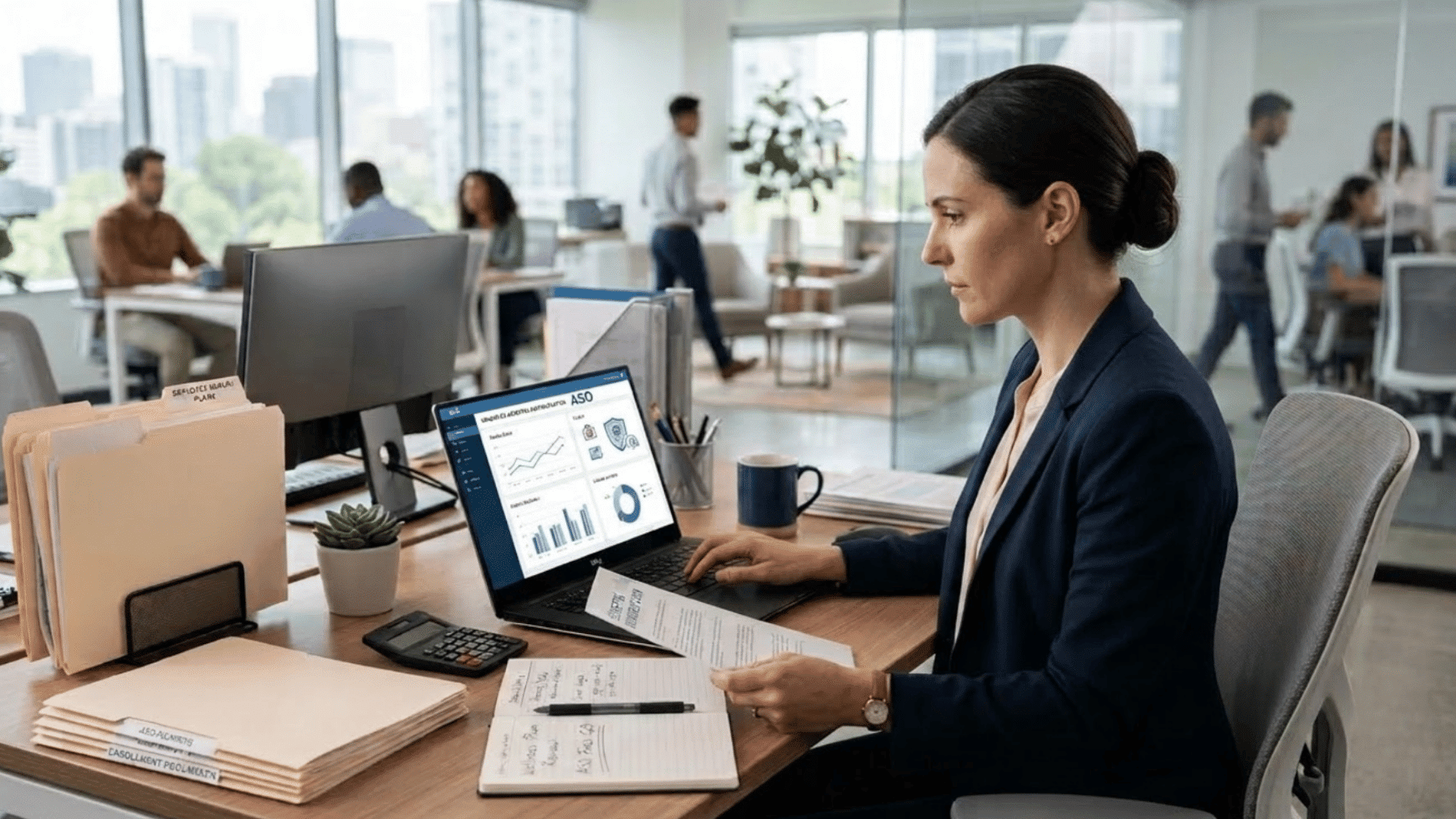 hr professional reviewing aso employee health plan administration on a laptop in a modern office