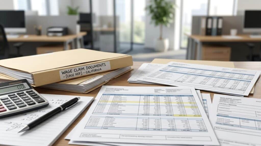 Average settlement for unpaid wages California with payroll documents, calculator, and wage claim records on a desk