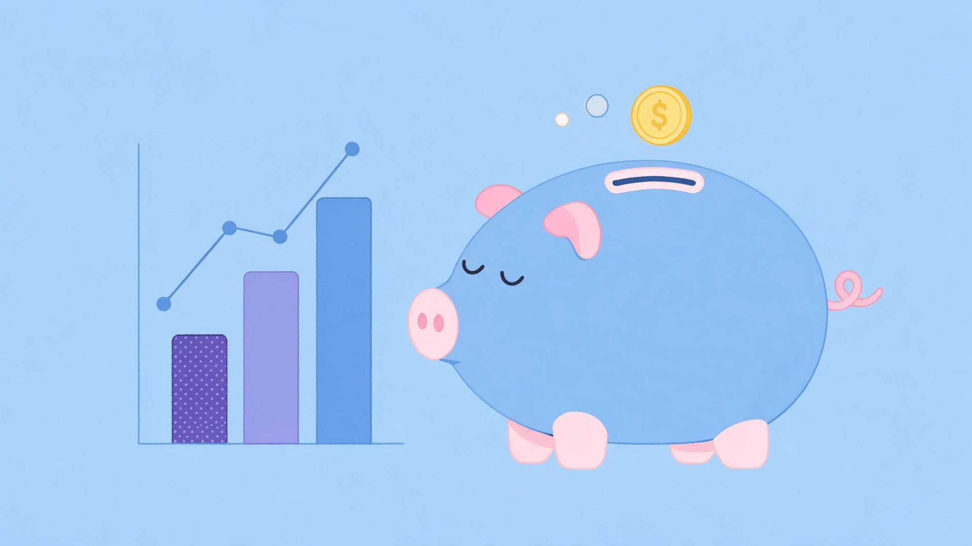 a flat illustration of a blue piggy bank next to an upward-trending bar graph with a gold dollar coin above it