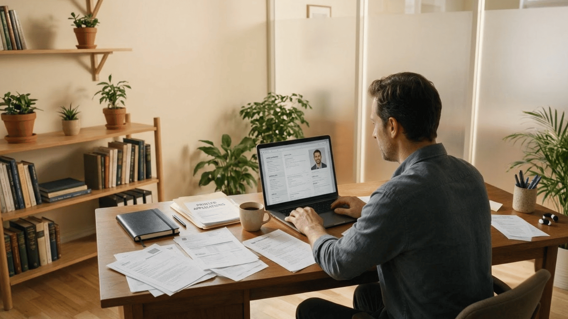 business owner reviewing resumes and candidate details on a laptop in a bright small office