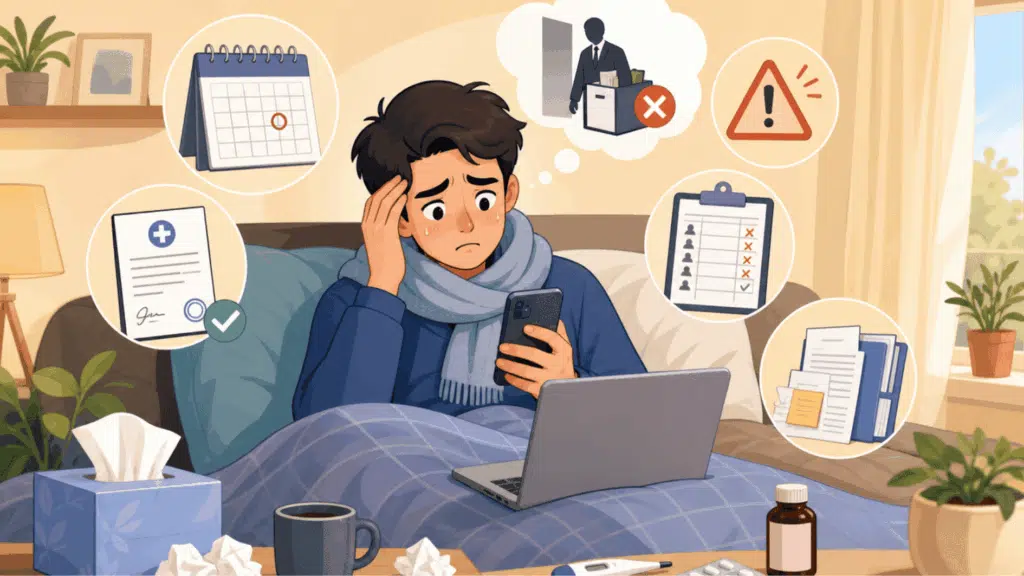 sick employee at home looking worried while checking a work message on their phone.