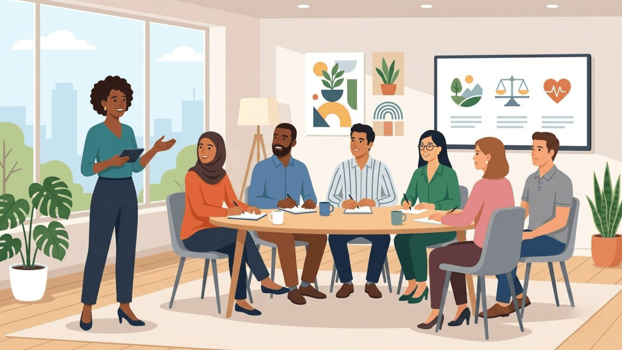 employees attending a workplace wellness workshop with a facilitator leading a group session