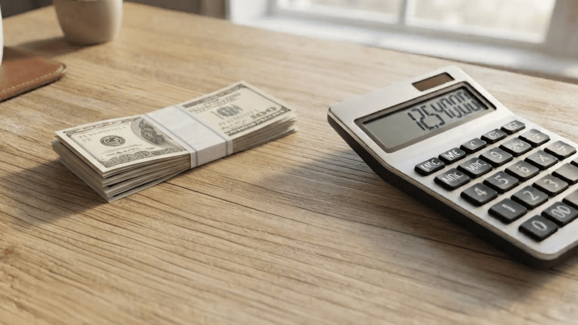 a stack of US dollar bills sitting next to a digital calculator on a light wooden desk near a window