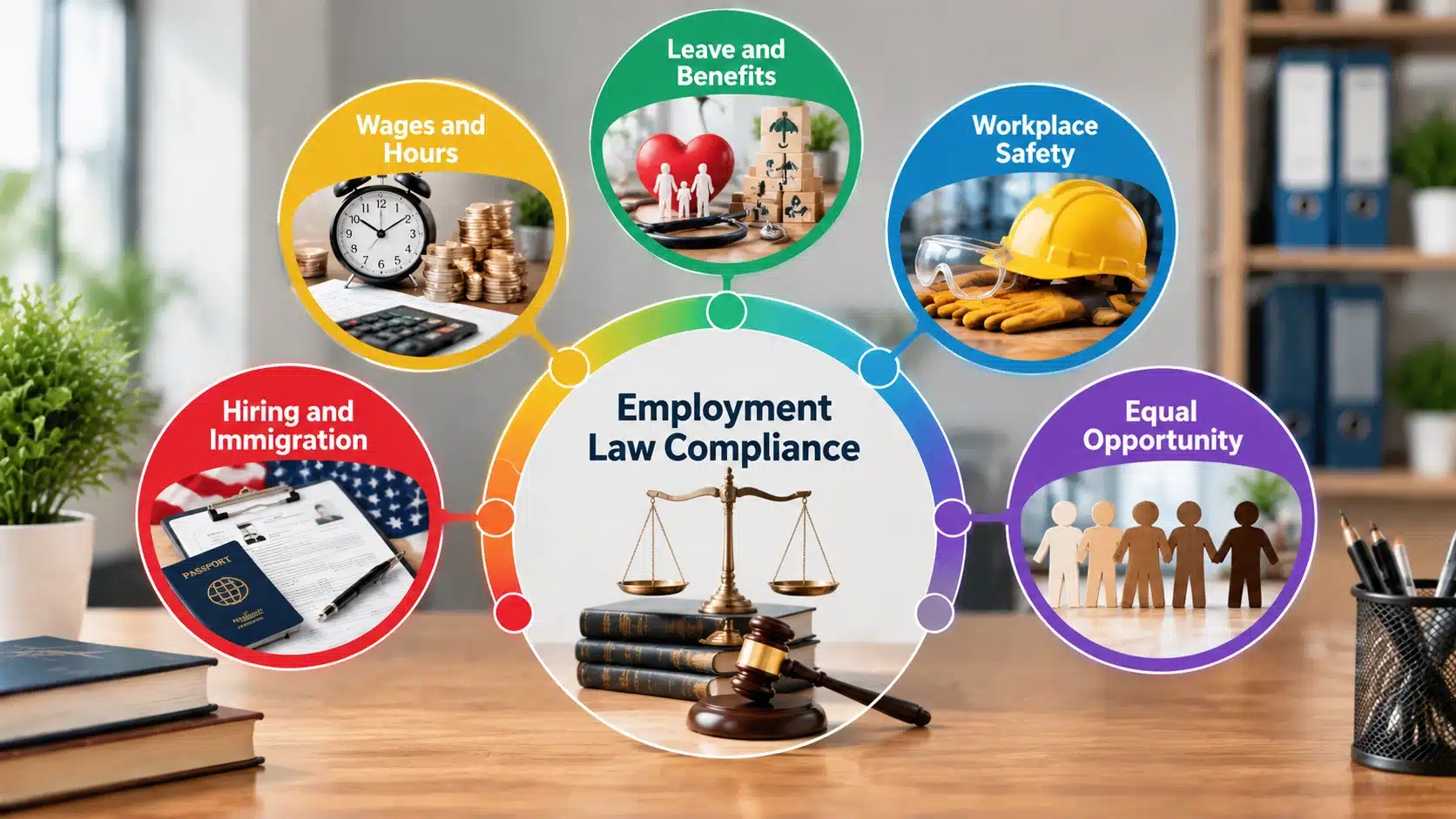 key areas of <echighlighted>employment law compliance</echighlighted> shown through workplace documents and compliance resources” width=”859″ height=”483″></p>
<p>Compliance is not one law but several overlapping areas, and following one does not cover the rest.</p>
<p>The table below shows the five that regulators watch most closely:</p>
<table>
<thead>
<tr>
<td><strong>Legal Area</strong></td>
<td><strong>What Businesses Need to Know</strong></td>
</tr>
</thead>
<tbody>
<tr>
<td>Wages and Hours</td>
<td>Minimum wage, overtime, and correct worker classification under the FLSA.</td>
</tr>
<tr>
<td>Workplace Safety</td>
<td>A hazard-free environment, safety training, and posted notices under OSHA.</td>
</tr>
<tr>
<td>Equal Opportunity</td>
<td>No bias in hiring, pay, or promotion under Title VII, the ADA, and ADEA.</td>
</tr>
<tr>
<td>Leave and Benefits</td>
<td>Protected medical and family leave under the FMLA, plus benefit duties under ERISA.</td>
</tr>
<tr>
<td>Hiring and Immigration</td>
<td>Work authorization confirmed through Form I-9 and required application notices.</td>
</tr>
</tbody>
</table>
<h2 id=