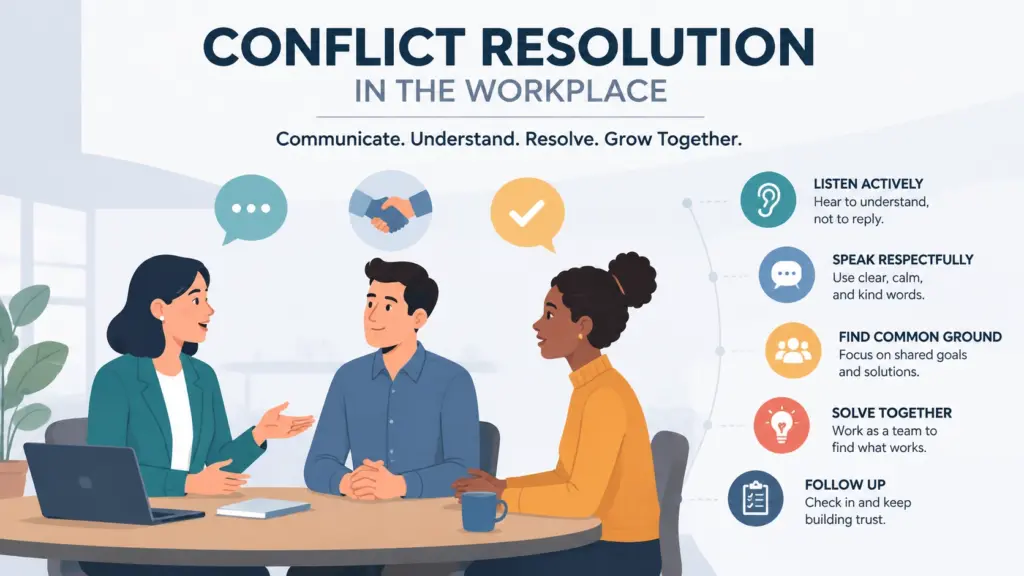 Conflict resolution in the workplace infographic showing employees communicating, listening, and solving disagreements together.