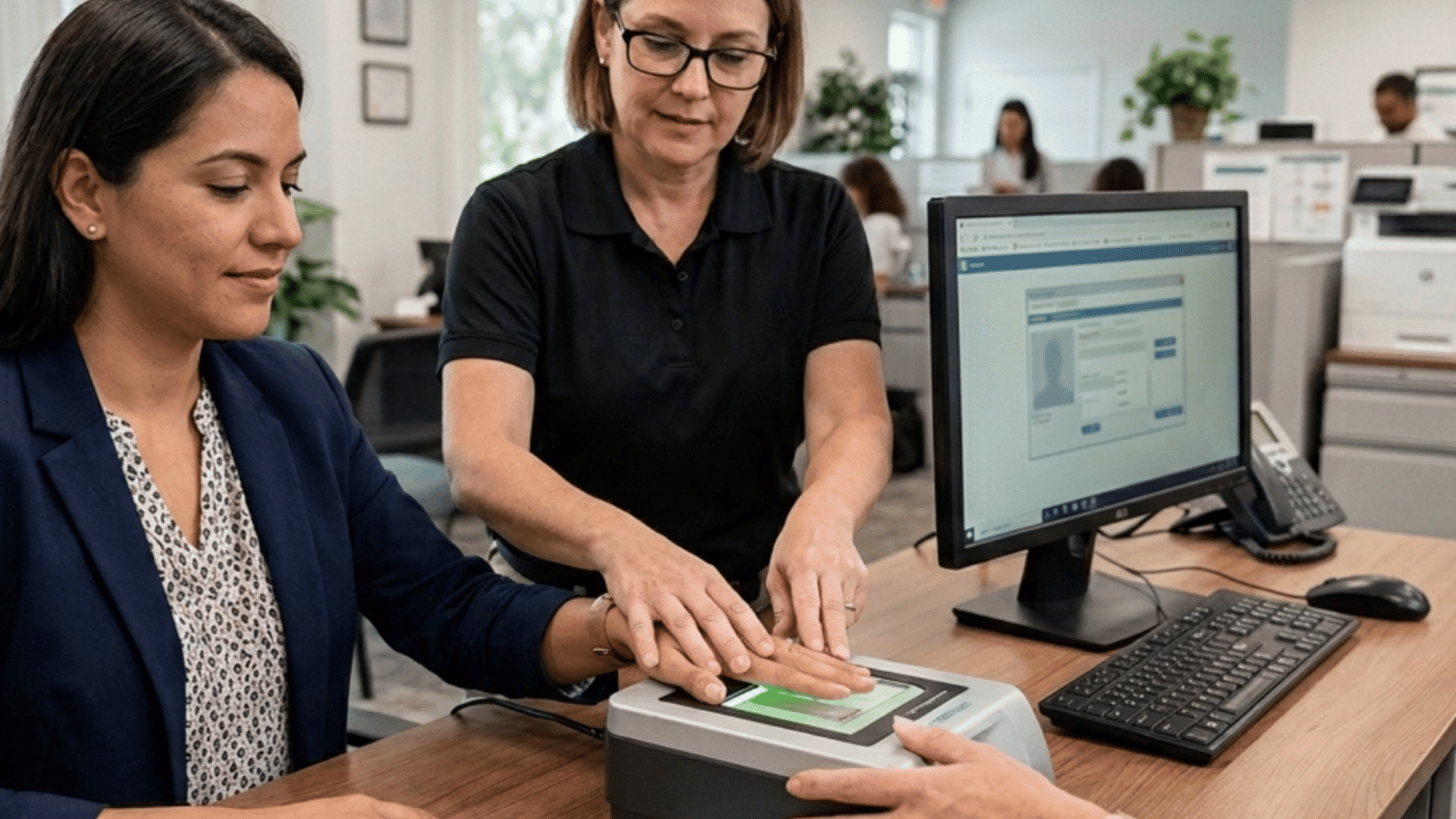 applicant completing digital fingerprint screening with staff assistance during an office background check