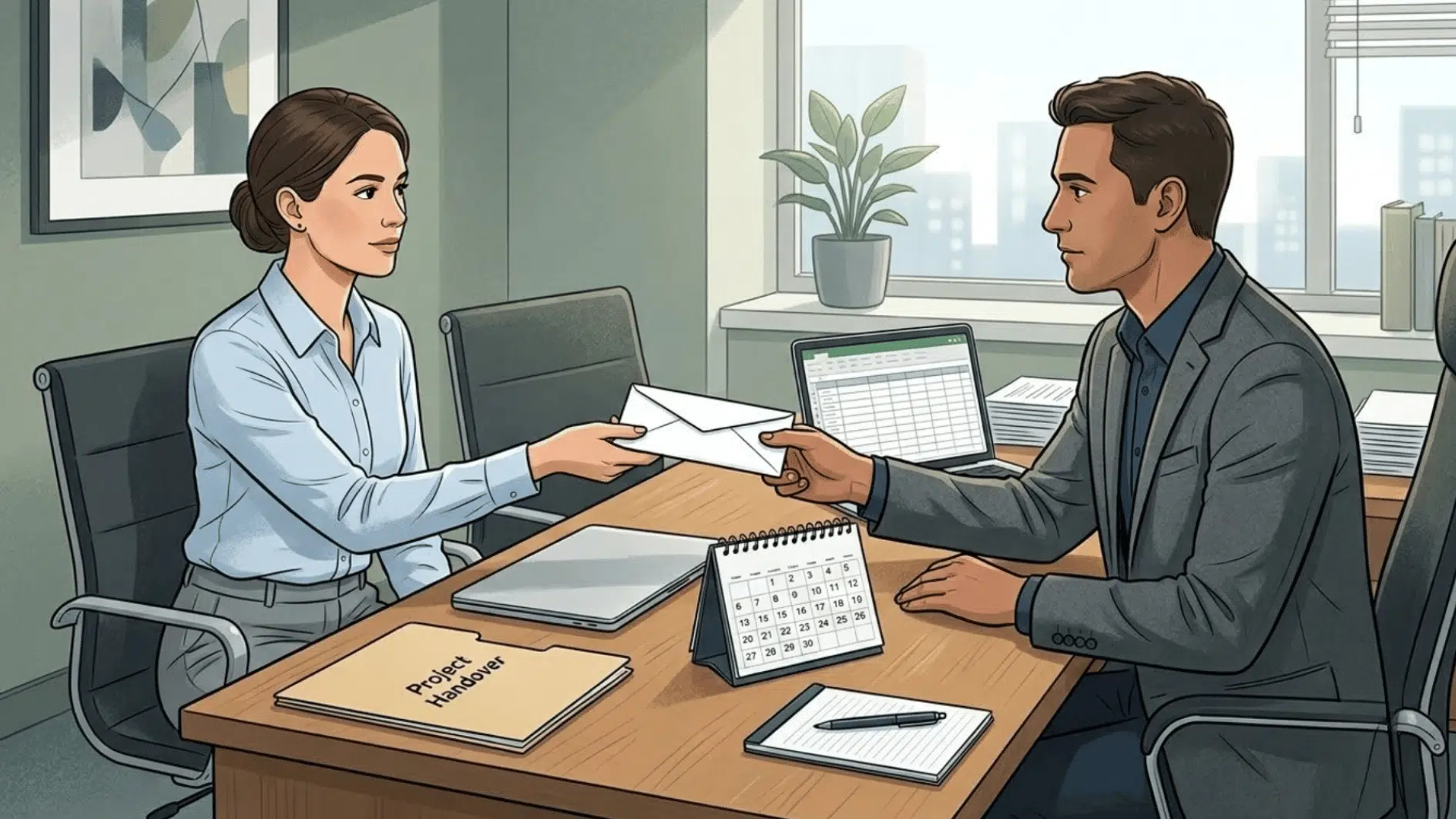 employee handing a <echighlighted><echighlighted><echighlighted><echighlighted><echighlighted><echighlighted><echighlighted><echighlighted><echighlighted><echighlighted><echighlighted><echighlighted>two week notice</echighlighted></echighlighted></echighlighted></echighlighted></echighlighted></echighlighted></echighlighted></echighlighted></echighlighted></echighlighted></echighlighted></echighlighted> letter to a manager with a calendar and project handover documents on the desk