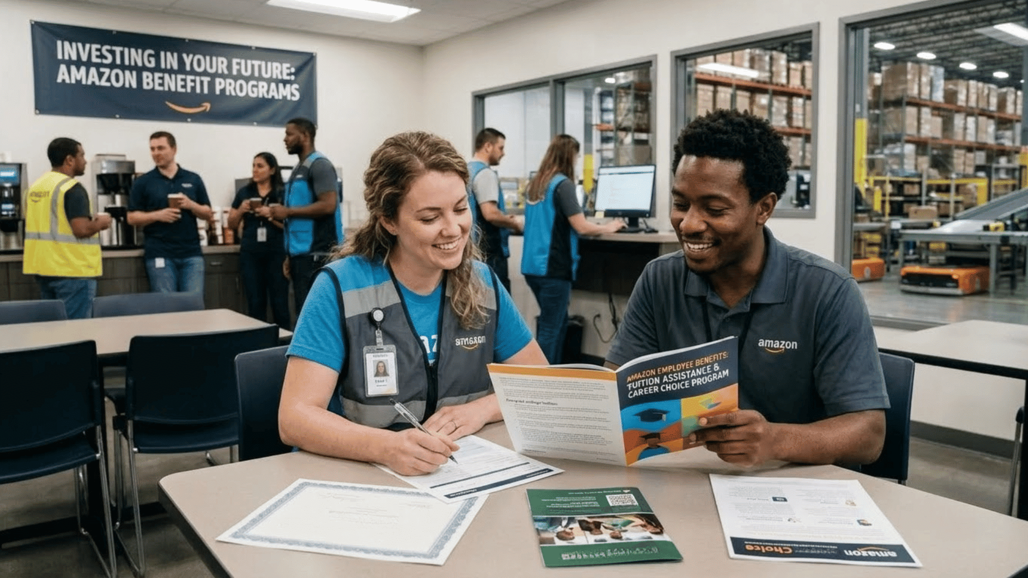 employee receiving information about amazon education and career development benefits