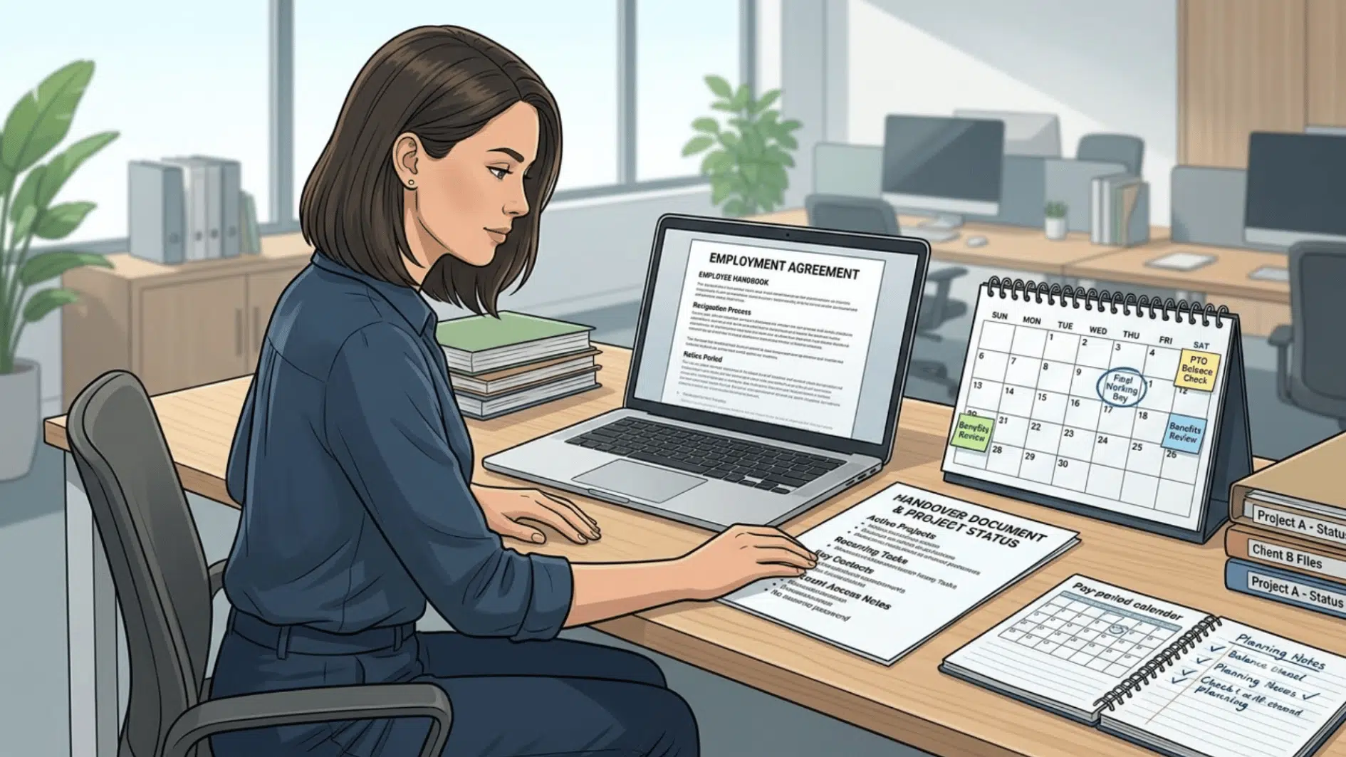 employee reviewing an employment agreement, final working day calendar, and handover documents before resigning