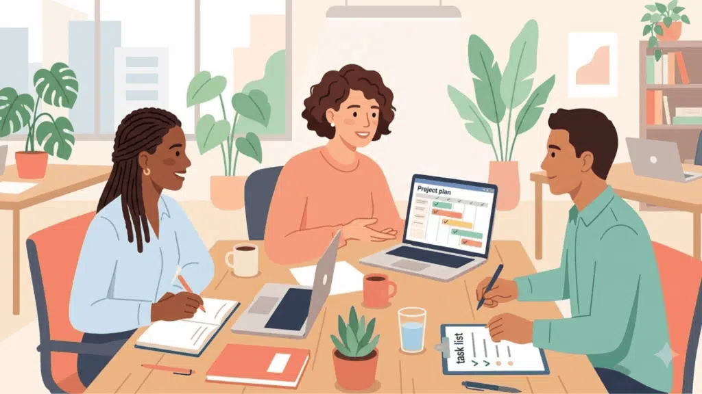 a workplace scene with a supervisor sitting with two employees at a desk, guiding them through daily tasks