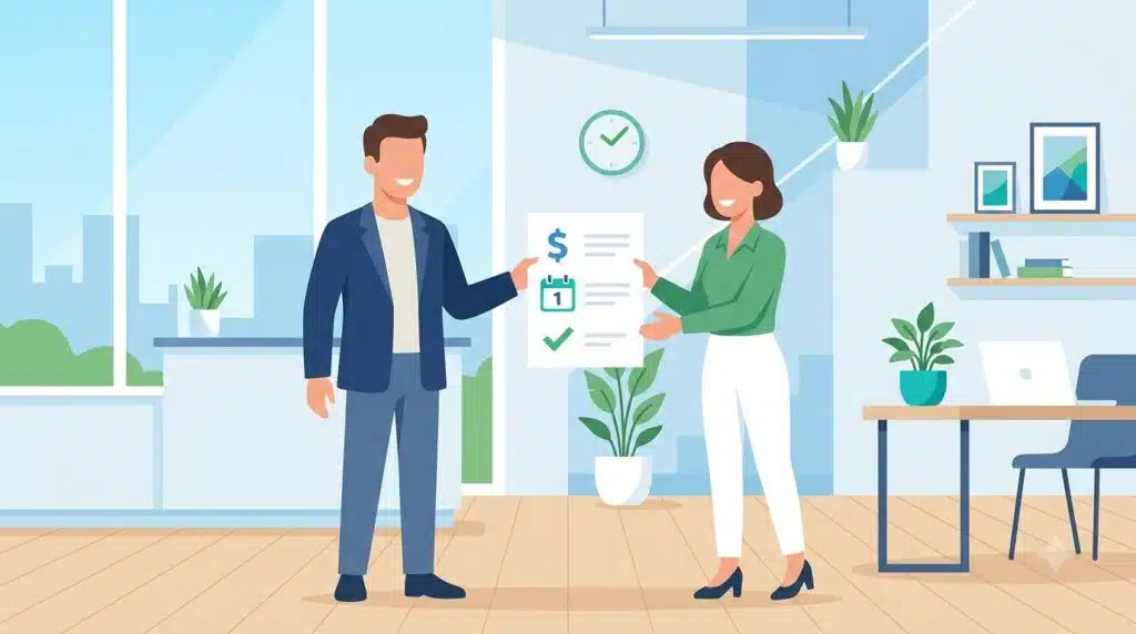 Employer handing a wage theft prevention notice document to a new employee in an office setting