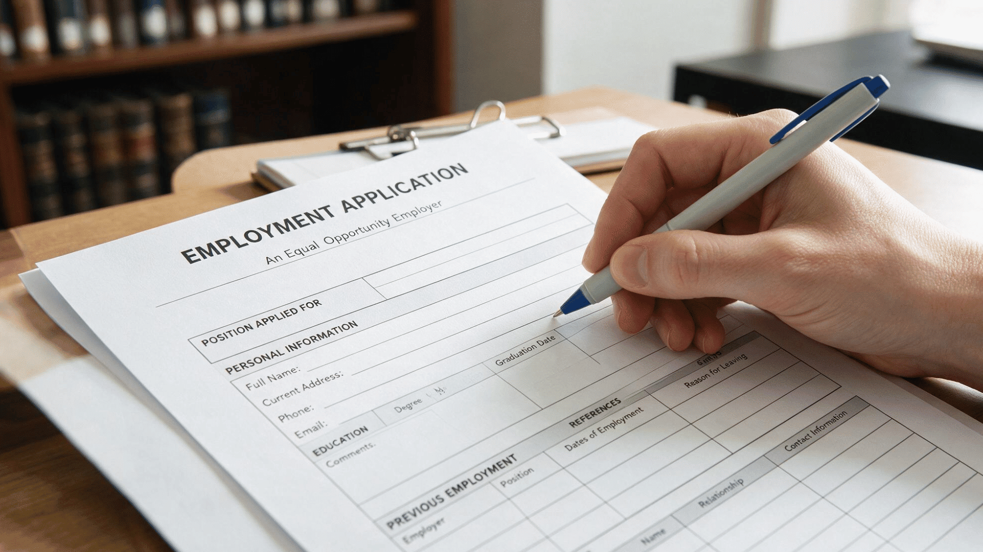 a close-up shot of a hand holding a pen, filling an official employment application form on a wooden desk