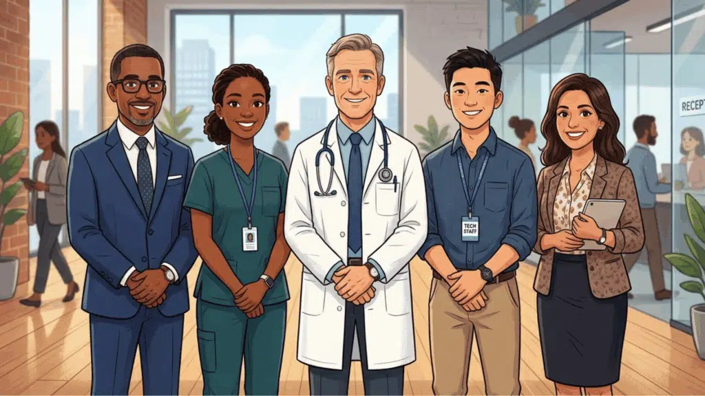 illustration of five essential workers, including a doctor, nurse, tech employee, and office staff together