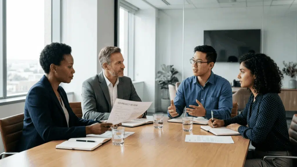four colleagues discuss project documents respectfully during a workplace ethics meeting in a bright conference room