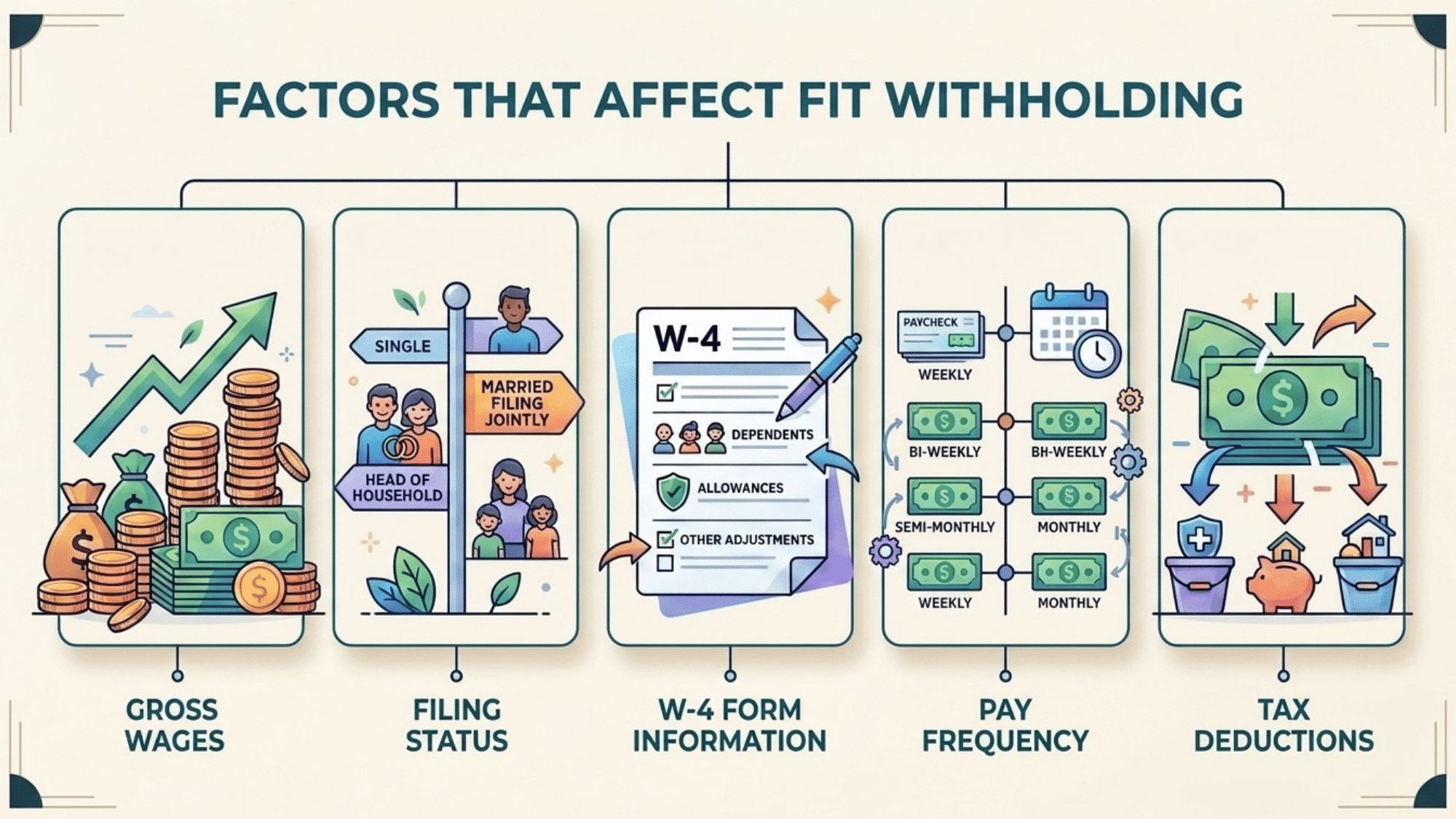 flowchart showing gross wages filing status w4 details pay frequency and deductions that affect fit withholding