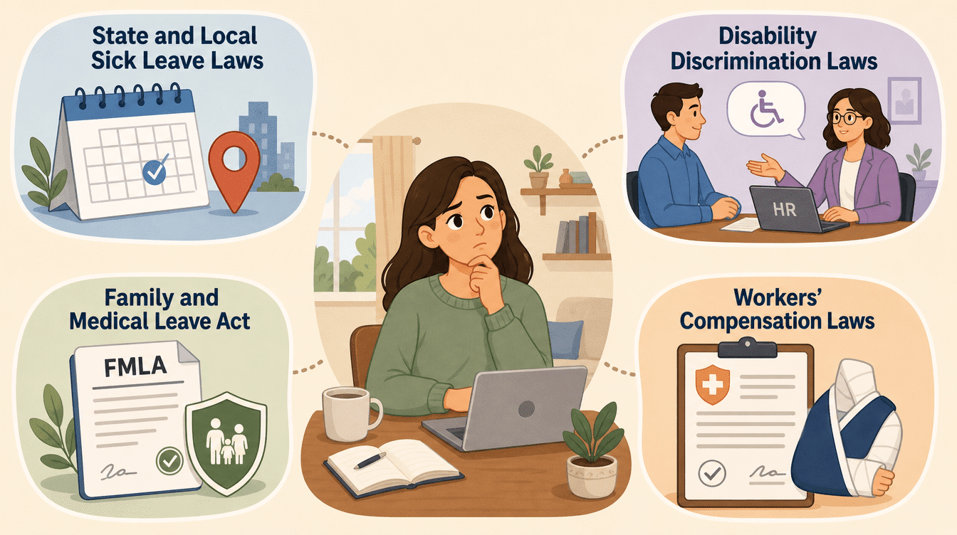 employee surrounded by illustrations representing state sick leave laws, disability protections, FMLA, and workers’ compensation.