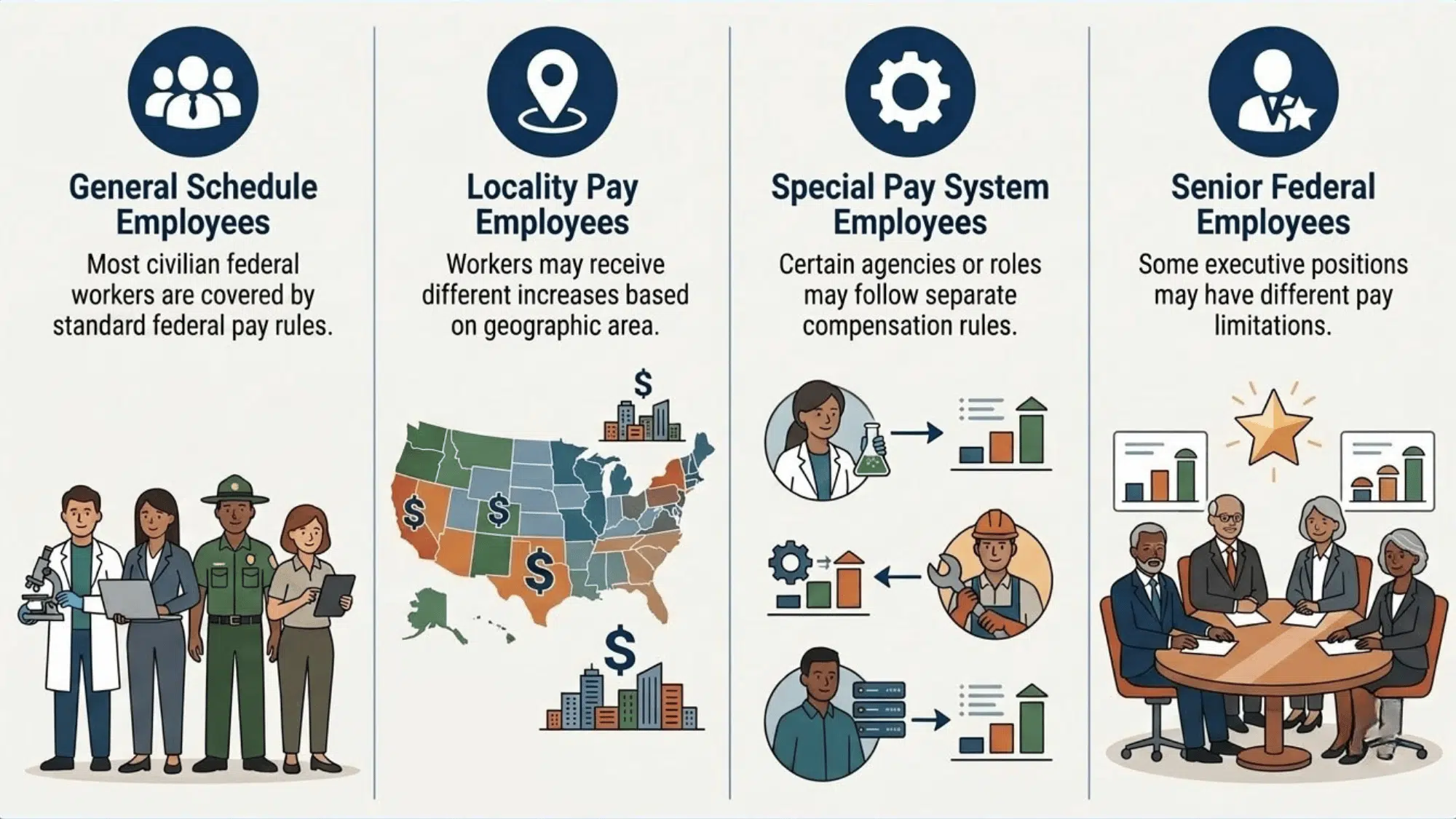 illustration of federal civilian employees eligible for annual pay adjustments across different government roles
