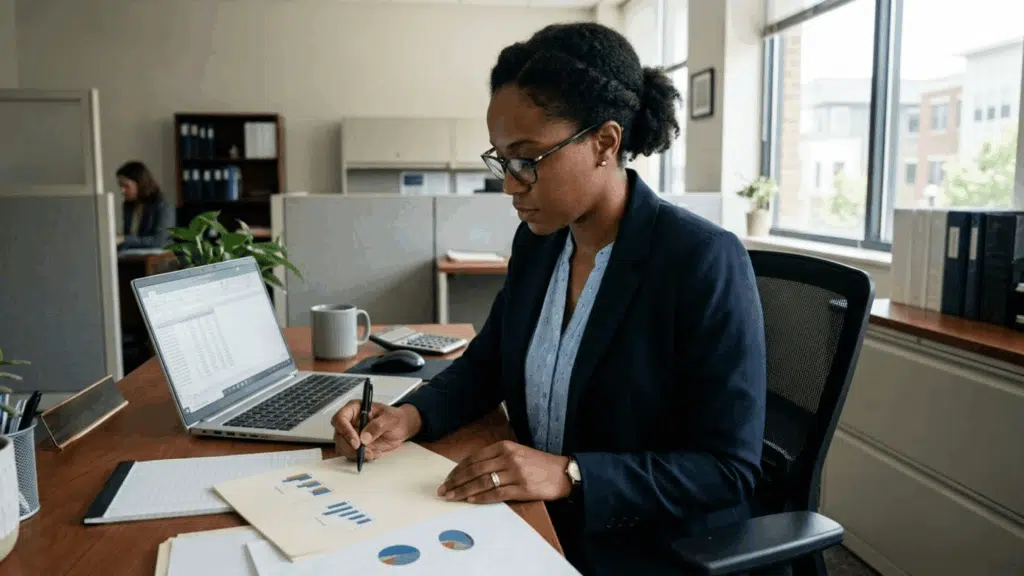 federal employees reviewing salary information in an office setting near government buildings