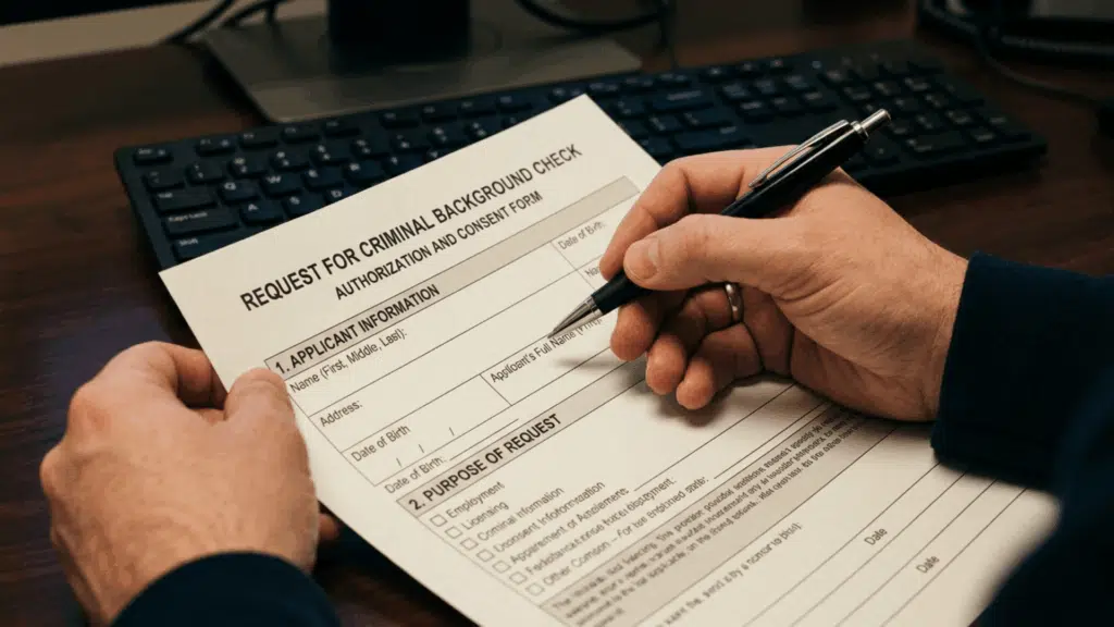Person filling out a criminal background check authorization and consent form at a desk.