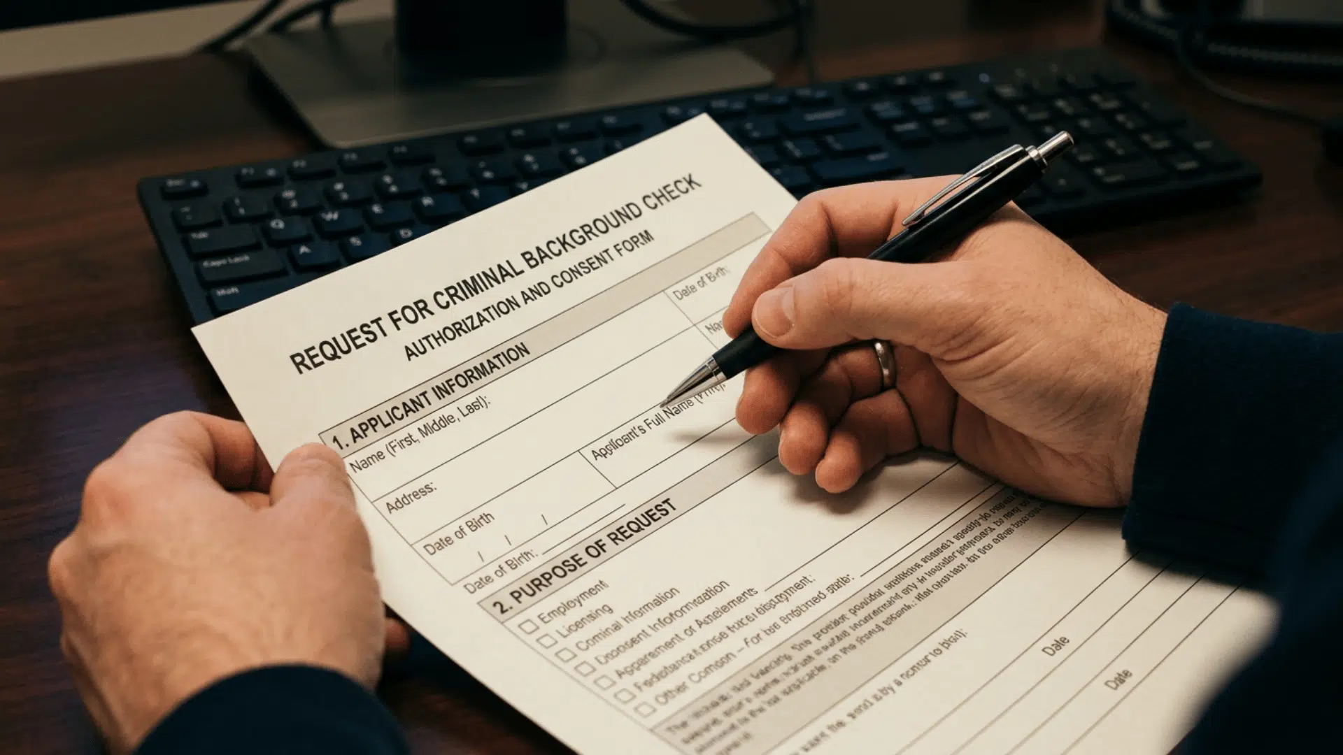 Person filling out a criminal background check authorization and consent form at a desk.